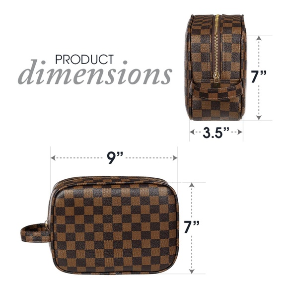 Luxouria Leather Checkered Makeup Bag (Brown) - Picture 2 of 6